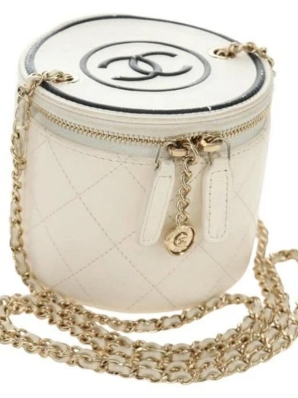 CHANEL Matelasse Chain Vanity Bag Lamb Skin White Gold CC Auth 188894SAM